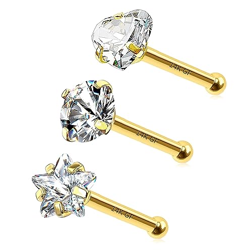 3 Pcs 14K Gold Filled Nose Studs 20G Stainless Steel Stud Nose Ring 2mm/2.5mm/3mm Round CZ L Bend Nose Stud Hypoallergenic Nose Piercing - color: gold mix I