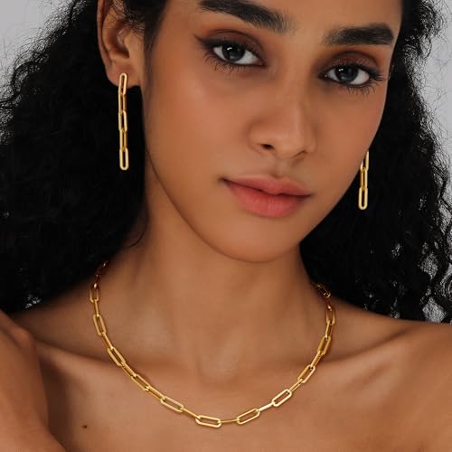 KesaPlan Gold Chain Necklace Bracelet and Earrings for Women Silver Chunky Jewelry Set, 14K Gold Plated Ladies Dainty and Chunky Chain Link Paperclip Jewelry Set for Women Gifts - style: Paperclip Set Gold 1