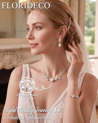 3Pcs 14K Gold Plated Pearl Bridal Jewelry Set for Women | Pearl necklace, drop earrings and bracelet set with cubic zirconia for bride bridesmaid wedding prom and party accessories - color: Silver Plated-3CZ-Pearl