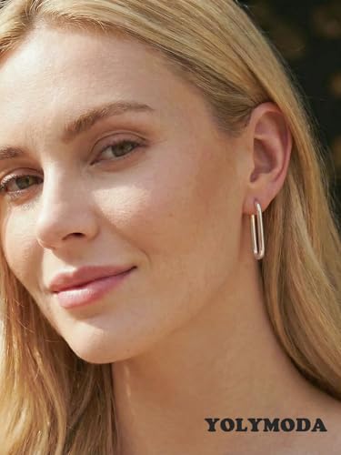 Medium Rectangle Silver Hoop Earrings in Stainless Steel for Women | Hypoallergenic Surgical Steel for Sensitive Ears Unique Lightweight Geometric Paperclip Earrings for Ladies Everyday Wear