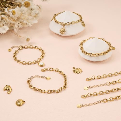 UMAOKANG Gold Plated Stainless Steel Bracelet Chains for Jewelry Making | 10PCS Thick Cable Hand Chains Bracelets Set PVD Gold Plating Permanent Jewelry Chain - color: 10pcs Cable Gold
