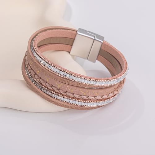 Boho Layered Leather Wrap Bracelets Chunky Western Country Hippie Jewelry | Stackable Bohemian Cowgirl Magnetic Clasp Cuff Bangle Set Fashion Stack Statement Festival Trendy Jewelry Gifts for Women - color: Rose Gold
