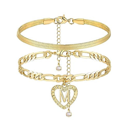 YANODA Gold Ankle Bracelets for Women Waterproof, 14k Gold Plated Layered Snake Anklets Figaro Chain Letter Initial Anklets Handmade Heart Ankle Bracelets Personalized for Women Beach Jewelry Gifts - color: M