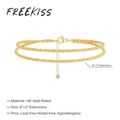 Freekiss Sparkle Glitter Waterproof Ankle Bracelets for Women Trendy | Dainty Layered Anklet for Women Adjustable Womens Anklet Set Stackable Beaded Cuban Link Anklets Beach Jewelry for Women - color: ANKLET-Layered sparkle glitter-GD