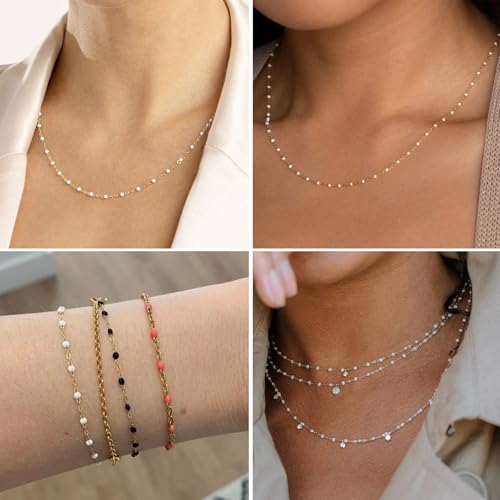 33FT 2mm Gold Cable Chains White Enamel Chains Bulk Roll for Jewelry Making | 18K Gold PVD Plated Stainless Steel Enamel Beaded Chains Roll for Necklace Bracelet - color: Gold White Beads