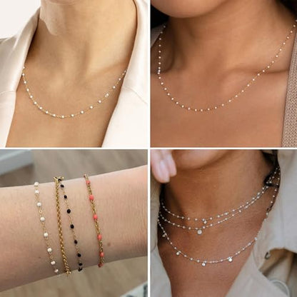 33FT 2mm Gold Cable Chains White Enamel Chains Bulk Roll for Jewelry Making | 18K Gold PVD Plated Stainless Steel Enamel Beaded Chains Roll for Necklace Bracelet - color: Gold White Beads