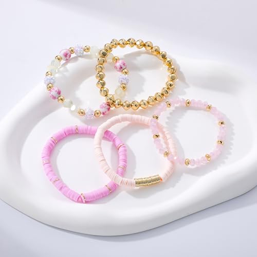Summer Surfer Heishi Bracelet Set for Women Stackable Gold Plated Clay Ploymer Bead Stretch Pink Beach Layering Bracelets Jewelry - color: B-A3