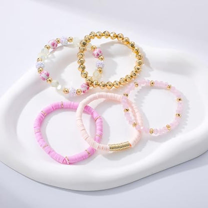 Summer Surfer Heishi Bracelet Set for Women Stackable Gold Plated Clay Ploymer Bead Stretch Pink Beach Layering Bracelets Jewelry - color: B-A3
