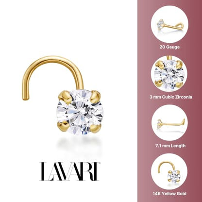 20 Gauge Curved Screw Nose Stud for Women - 14k White or Yellow Gold 2mm or 3mm Cubic Zirconia Nose Ring for Her - CZ Unisex Hypoallergenic Piercing Jewelry - 20G Body Piercing for Men