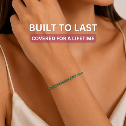 Tennis Bracelets for Women 2mm Dainty 14K Gold Plated CZ | 5A cubic zirconia, 4 prong sparkle, birthstone colors, 6.5-7.5 inches, fold over clasp, tarnish resistant, waterproof - color: Emerald Green