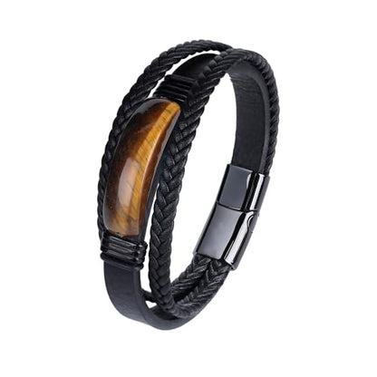 Mens Black Leather Obsidian/Turquoise/Tiger Eye/Red Agate Bracelet–Braided Multi‑Layer Wristband Cuff Bangle Bracelet with Stainless Steel Clasp Gift Jewelry Box Included - color: Tiger Eye Stone, size: 8.3in(Fits most wrists)