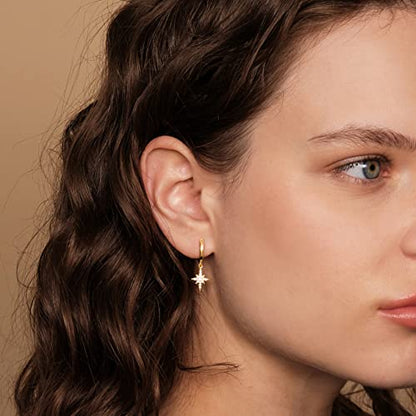 PAVOI 14K Gold Plated Huggie Hoop Earrings with Charms for Women - 925 Sterling Silver Posts Dainty Motif Huggie Hoop Dangle Earrings - Lightweight Dangle Drop Jewelry with Cubic Zirconia - style: Celestial