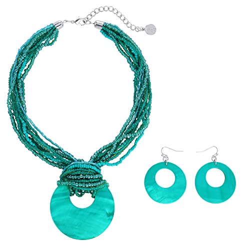 Coiris Multi Strand Statement Colorful Beaded Necklace with Big Circle Shell Pendant for Women - color: Teal-