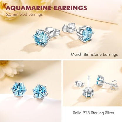 DAYBYDAY 925 Sterling Silver Birthstone Earrings for Women, Crystal Stud Earrings, 6.5mm Round Cut Solitaire Gemstone Earrings Birthday Jewelry - style: Round Cut-03. Mar/created aquamarine