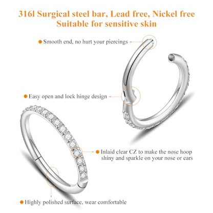 MissNity 20G, 18G, 16G, 14G Hinged Nose Rings Hoop with Gem in 316L Surgical Steel, Septum Clicker Cartilage Earrings Conch Daith Helix Rook Ear Lobe Piercing Jewelry, Diameter 6mm to 12mm - color: 01: Steel - Clear CZ
