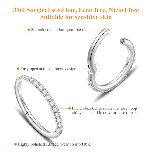MissNity 20G, 18G, 16G, 14G Hinged Nose Rings Hoop with Gem in 316L Surgical Steel, Septum Clicker Cartilage Earrings Conch Daith Helix Rook Ear Lobe Piercing Jewelry, Diameter 6mm to 12mm - color: 01: Steel - Clear CZ