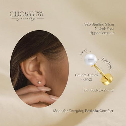 CHIC & ARTSY 18K Gold Plated Solid 925 Sterling Silver Flat Back Earrings for Women Multiple Piercings Screw Back Earrings Cartilage Hypoallergenic Jewelry - style: 925 Silver Flat Back #06
