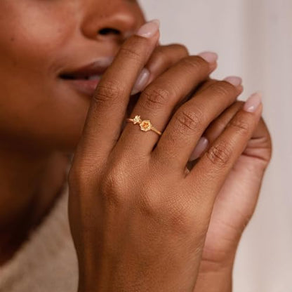 Birth Flower Stacking Ring for Women | 14K Gold Plated Brass, 12 Engraved Floral Motifs, Slim Stack-Ready Band, Available in US Sizes 5-9 - style: May.-Lily