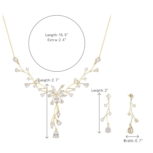 Crysdue Women's Wedding Bridal Jewelry Set for Brides Bridesmaids Cubic Zirconia Flower Leaf Vine Necklace Dangle Earrings for Prom Party - style: 37-gold