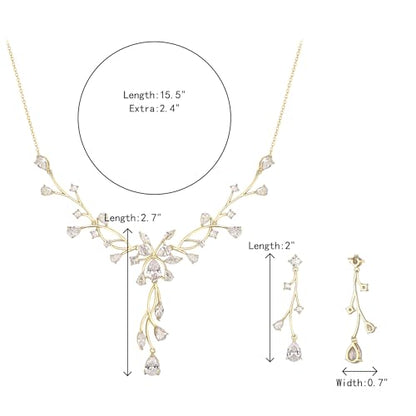 Crysdue Women's Wedding Bridal Jewelry Set for Brides Bridesmaids Cubic Zirconia Flower Leaf Vine Necklace Dangle Earrings for Prom Party - style: 37-gold
