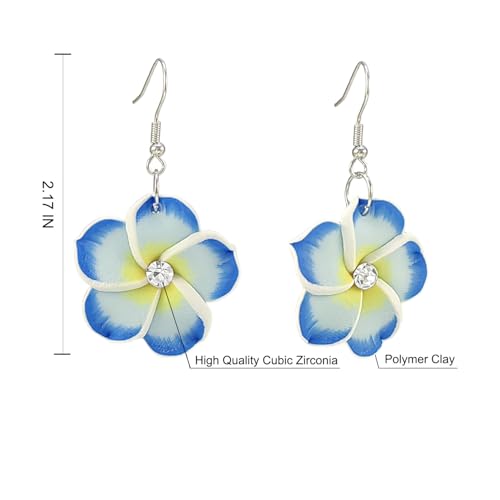 Floral Dangle Earrings for Women Hawaiian Tropical Plumeria Rubra Flower Drop Earrings with Cubic Zirconia Luau Beach Party Vacation Hawaiian Accessories Jewelry Gift - color: Light Blue