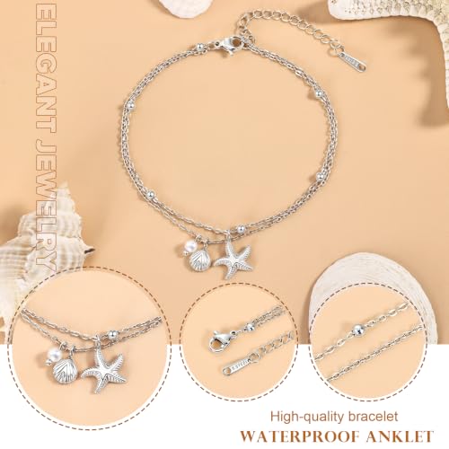 Gold Ankle Bracelets for Women, Waterproof Anklets Dainty Beach Anklet Adjustable Link Chain Cute Stainless Steel Anklets Summer Beach Shell Starfish Pearl Foot Jewelry Non Tarnish Lightweight - color: Anklet-Silver