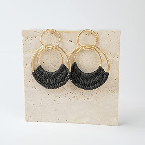 Raffia Hoop Earrings for Women Fun Boho Summer Beach Earrings Lightweight Handmade Straw Wicker Rattan Dangle Earrings Statement Geometric Round Drop Earrings - color: Black - Round