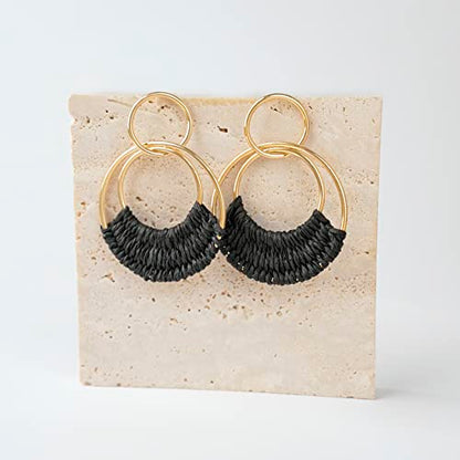 Raffia Hoop Earrings for Women Fun Boho Summer Beach Earrings Lightweight Handmade Straw Wicker Rattan Dangle Earrings Statement Geometric Round Drop Earrings - color: Black - Round
