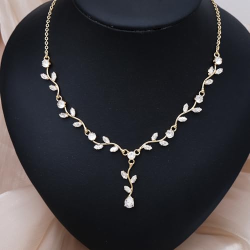 Elegant Bridal Jewelry Sets for Wedding Bride Leaf Shape Cubic Zirconia Necklace Earrings Bracelet Set Prom Costume Accessories - color: 3Pcs-Gold-Cubic Zriconia