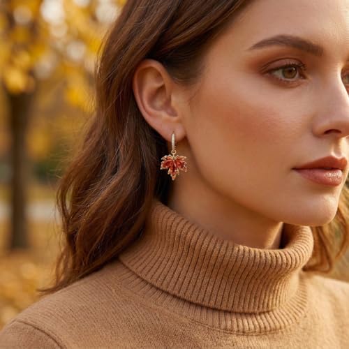 Sonateomber Gold Silver Small Hoop Dangle Earrings for Women, Trendy Dainty Rhinestone CZ Dangling Prom Wedding Leaf Flower Snowflake Butterfly Starfish Fashion Jewelry Gift - color: Orange Leaf