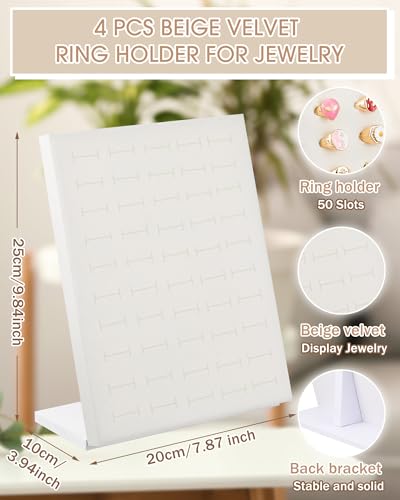 4 Pcs Velvet Ring Display 50 Slots L-Shaped Ring Display Stand Tray Holder for Selling Earring Jewelry - color: Beige