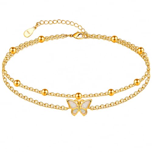 CHIC & ARTSY 925 Sterling Silver Ankle Bracelets for Women, Adjustable Layered Foot Chains with Nature & Symbol Charms, Lightweight Comfort Fit Boho Beach Everyday Jewelry - color: Butterfly/18K Gold Plated Silver