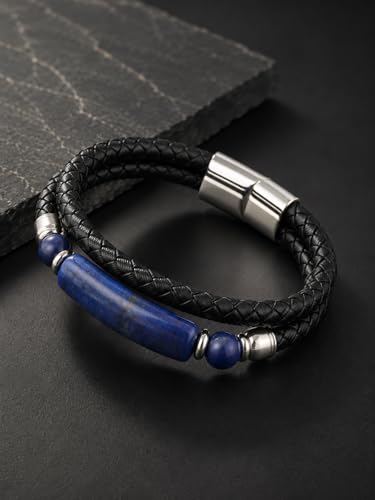 Mens Black Leather Obsidian/Turquoise/Tiger Eye/Red Agate Bracelet–Braided Multi‑Layer Wristband Cuff Bangle Bracelet with Stainless Steel Clasp Gift Jewelry Box Included - color: Style 3: Lapis Lazuli, size: 8.3in(Fits most wrists)
