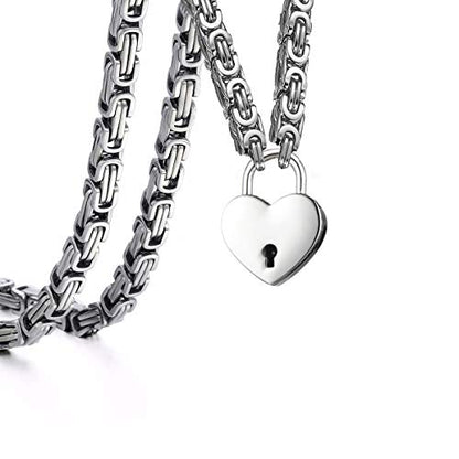 Heart Padlock Collar Stainless Steel Lock Necklace Byzantine Chain Necklace Locking Collar Choker for Men Women Jewelry - style: padlock necklace