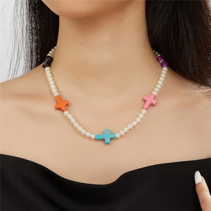 Small Dainty Cross Necklace Pendant Bohemian Turquoise Seed Bead Beaded Necklace Choker for Women Men Faith Jewelry Gift - color: 07 Pearl