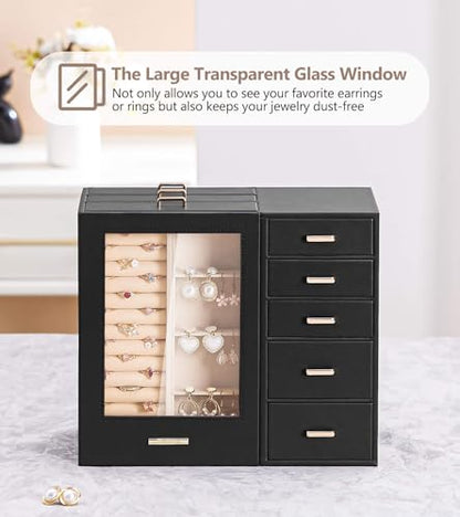 Homde Large Jewelry Box/Organizer/Case with Glass Window, Drawers for Necklaces Earrings Rings Bracelets Watches Gift for Women Girls - color: Black