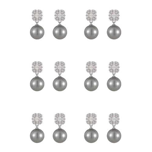 6Pairs Large Pearl Bridesmaid Earrings Dainty Rhinestone Jewelry | White,jewelry,big,round,vintage,retro,unique,formal,guest,bridal,engagement,dangle,dangling,drop,fashion,wedding,gift - color: Grey