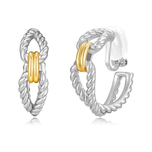 Clip on Earrings for Women Silver and Gold Plated Twisted Rope Hoops Non Pierced C Hoop Earring Lightweight Two Tone Clips Mixed Metal Jewelry Gifts - color: Eternity Hoop-silver&gold
