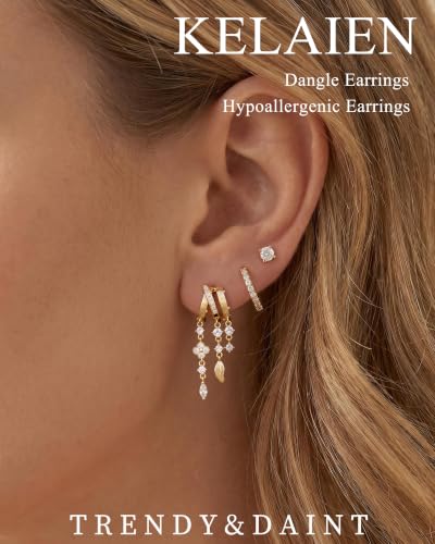 Dangle Gold Earrings for Women Trendy Triple Huggie Chain Earrings 14K Gold Plated Statement Cute Drop Dangle Earrings Dainty Hypoallergenic Chunky Hoop Earrings Fun Earring Stacks Jewelry - color: E-Clover Leaf Earrings