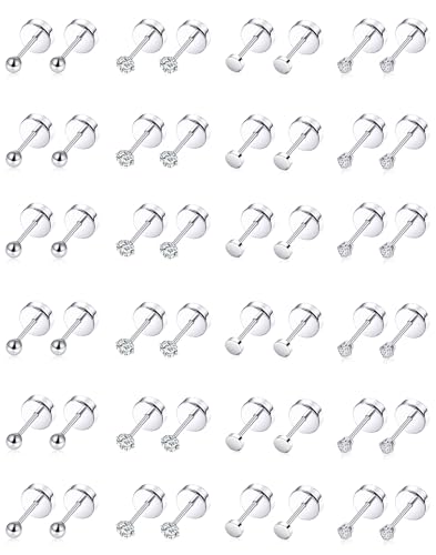 Tornito 24 Pairs Tiny Stud Earrings Stainless Steel Cubic Zirconia Ball Dot Small Cartilage Stud Earrings Set For Women Men Comfy Screw Flat Back For Multiple Piercing 2MM 20G