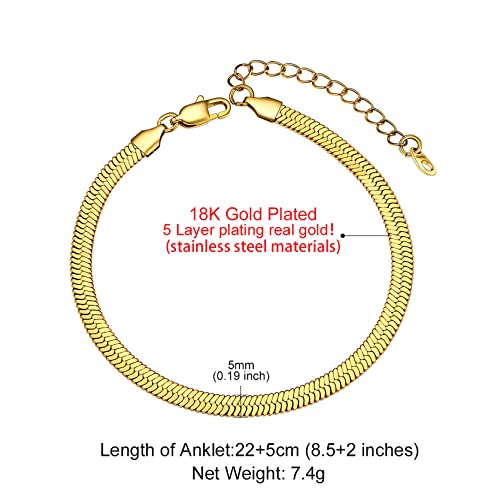 Adjustbale Link Chain Anklet for Women Summer Jewelry, 316L Stainless Steel Figaro/Wheat/Twist Rope/Cuban Foot Bracelet-Waterproof, Resizable 9"-12" (Gift Box Included) - color: 6, Herringbone - Gold-5mm
