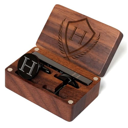Mens Initial Cufflinks and Tie Clip A-Z Alphabet Letter Black Stainless Cuff Links Tie Bar with Engraved Walnut Wood Box Groom Groomsman Wedding Set - style: Classic-H