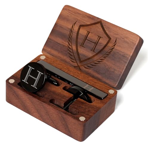 Mens Initial Cufflinks and Tie Clip A-Z Alphabet Letter Black Stainless Cuff Links Tie Bar with Engraved Walnut Wood Box Groom Groomsman Wedding Set - style: Classic-H
