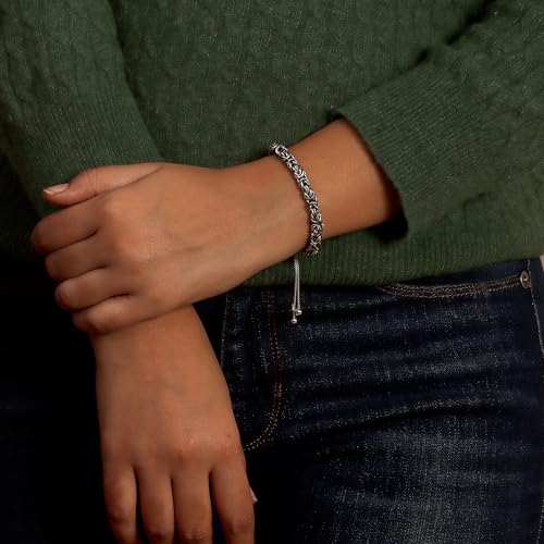 LeCalla 925 Sterling Silver Byzantine Bolo Bracelet for Women | Handmade Adjustable Sliding Bolo Link Chain Bracelet | Classic Italian Byzantine Jewelry - color: Rhodium Byzantine