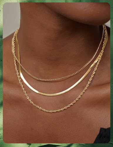 Gold & Silver Necklace Set for Women Trendy | 3 Layered Chain Necklace Stack - Non Tarnish Adjustable Cuban Rope Herringbone Necklaces for Women Jewelry Gifts - color: Gold