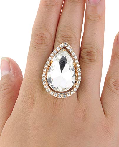 NYFASHION101 Radiant Teardrop Stone Adjustable Cocktail Statement Ring - color: Encircled Teardrop, Clear/Gold-Tone