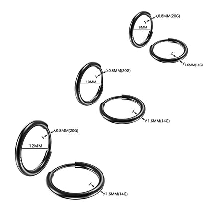 Osayia 316L Surgical Stainless Steel Small Hoop Earrings 8mm 10mm 12mm Hypoallergenic Huggie Thin Hoop Earrings Helix Lobes Hinged Sleeper Earrings Men Women for Cartilage Piercings - color: F: Black (Diameter 8mm/10mm/12mm),3 Pairs