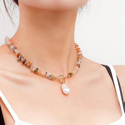 Bohemian Stone Pearl Choker Necklace for Women Dainty Natural Irregular Stone Choker Turquoise Beaded Lariat Necklace Simple Fashion OT Toggle Spiritual Handmade Jewelry - color: Whit Brown
