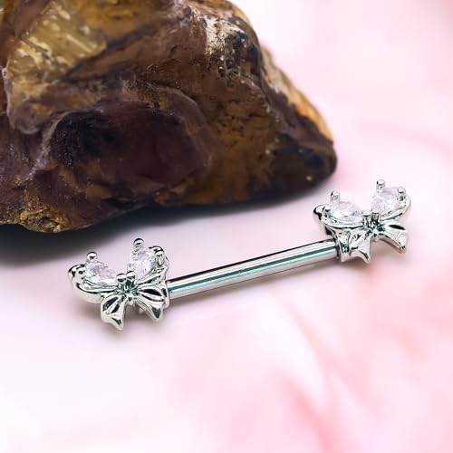VERAMI 14G Stainless Steel Heart Nipple Rings and Barbell - Butterfly, Starlight Acrylic Ball, Tongue Rings for Women and Men - color: Silver butterfly