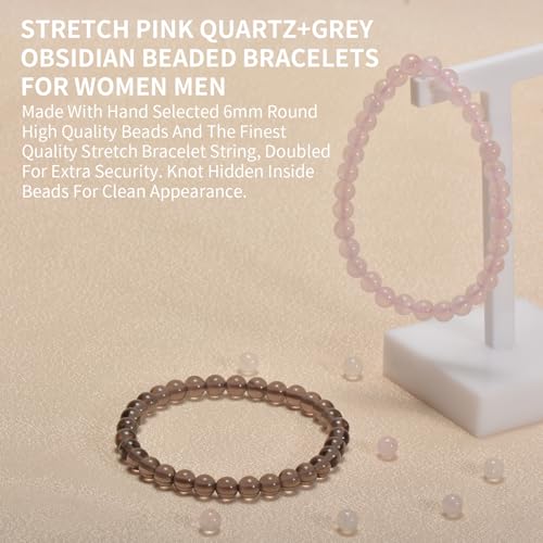 2PCS Agate Bracelet for Women Men Natural Round Beaded Agates Stone Healing Stretch Bracelets Elastic Handmade Polished Gemstone Beads Bracelet - color: Grey+Pink Quartz, size: 6mm Beads
